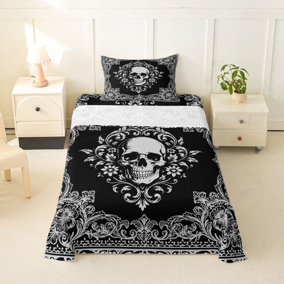 Homewish Spooky Grunge Skull Twin Sheets,Baroque Damask Flowers Bedding,White,Halloween Bed Set,3-Piece,1 Fitted Sheet and 1 Pillowcase