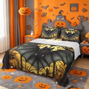 Homewish Spooky Halloween Bat Cat Bed Sheets,Gothic Stained Glass Full Size Sheets,Black Yellow,4 Pieces,1 Flat Sheet,1 Fitted Sheet and 2 Pillowcases