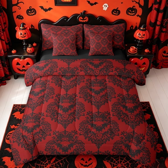 Homewish Spooky Halloween Bat Damask 7-Piece King Bedding,Antique Floral Print King Bed in a Bag,Red Black,Black Reversible