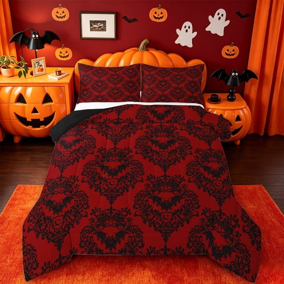 Homewish Spooky Halloween Bat Damask Queen Comforter Set,Antique Floral Print Comforter Sets Queen,Red Black,Black Reversible,3 Pieces,1 Comforter and 2 Pillowcases
