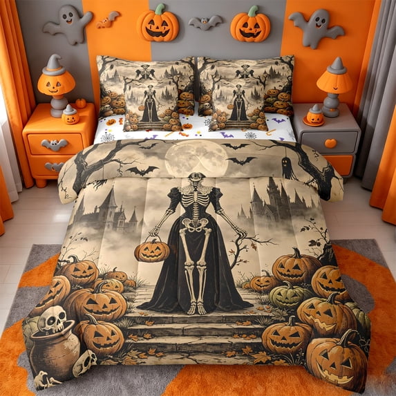 Homewish Spooky Halloween Skeleton 7pcs Queen Bedding,Pumpkin Lantern Castle Pattern Bedding Comforter Set Queen,Halloween Reversible