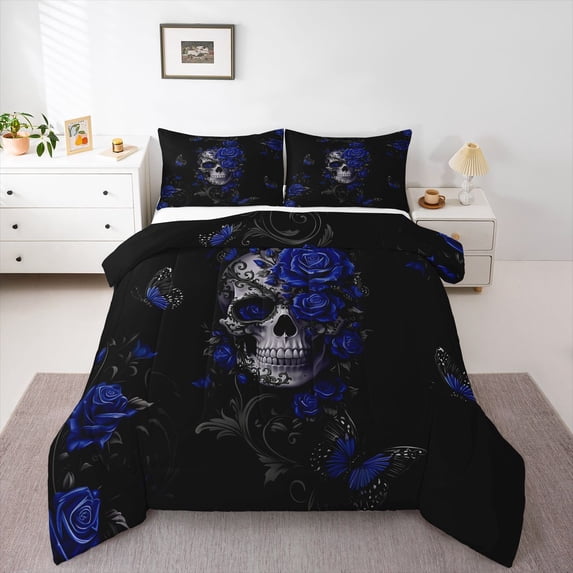Homewish Spooky Halloween Skeleton Queen Comforter Set,Gothic Style Flowers Comforter Sets Queen,Black Reversible,3-Piece,1 Comforter and 2 Pillowcases