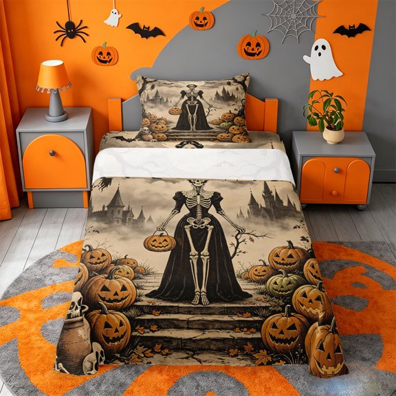 Homewish Spooky Halloween Skeleton Twin Sheets,Pumpkin Lantern Castle Pattern Bedding,3 Pieces,1 Fitted Sheet and 1 Pillowcase