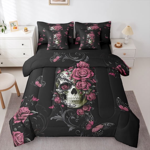 Homewish Spooky Halloween Skull 7-Piece Twin Bedding,Pink Rose Floral Butterfly Bedding Comforter Set,Black Reversible