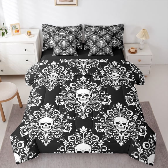 Homewish Spooky Halloween Skull 7pcs Queen Bedding,Baroque Damask Bedding Comforter Set Queen,Black White,Black Reversible