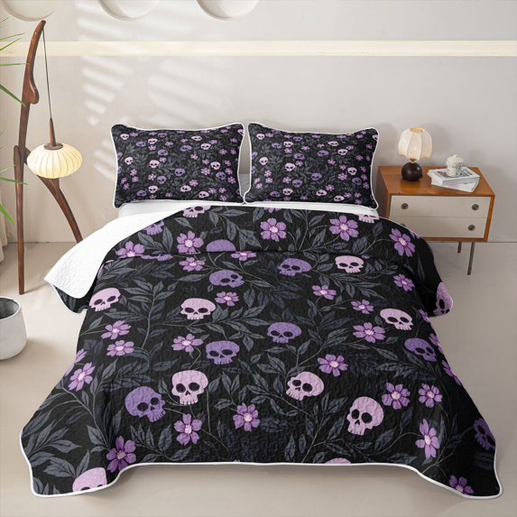 Homewish Spooky Halloween Skull Bed Spread Queen,Purple Floral Plants Queen Coverlet Set,3-Piece