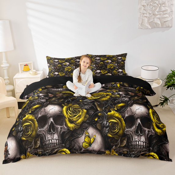 Homewish Spooky Halloween Skull Bedding,Rustic Plant Flower Duvet Cover Full,Black Reversible,3pcs,1 Duvet Cover and 2 Pillowcases
