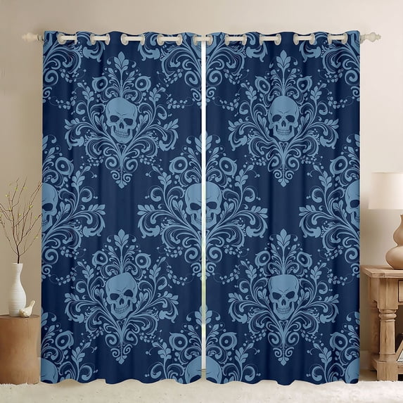 Homewish Spooky Halloween Skull Blackout Curtains Set of 2 (52x84 Each),Navy Damask Pattern Curtain