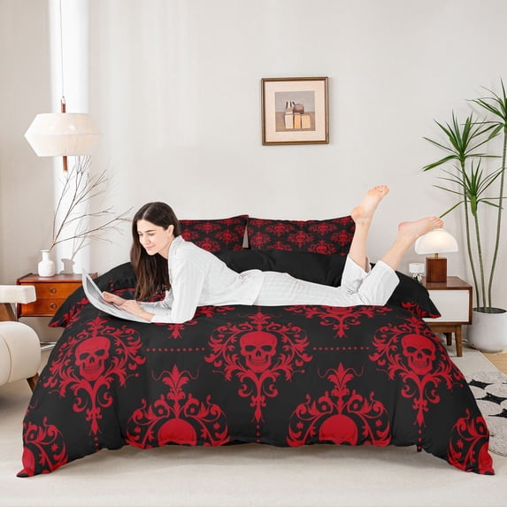 Homewish Spooky Halloween Skull Duvet Cover Queen,Red Damask Pattern Queen Bedding,Black Reversible,3pcs,1 Duvet Cover and 2 Pillowcases