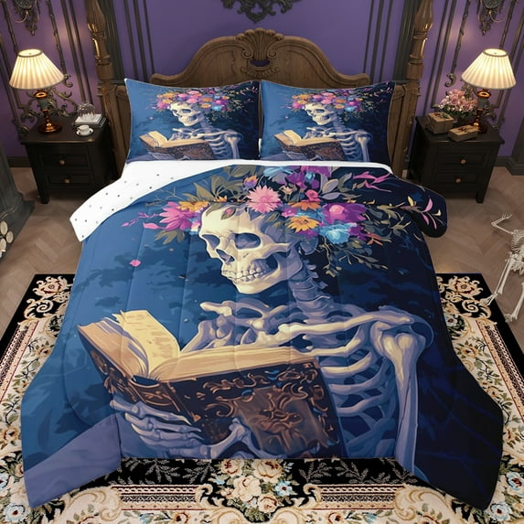 Homewish Spooky Halloween Skull Full Size Comforter Sets,Gothic Bohemain Skeleton Bedding Comforter Set,Watercolor Flower Floral Bedding Sets For Adults,Ultra Soft Home Decor Reversible,3-Piece