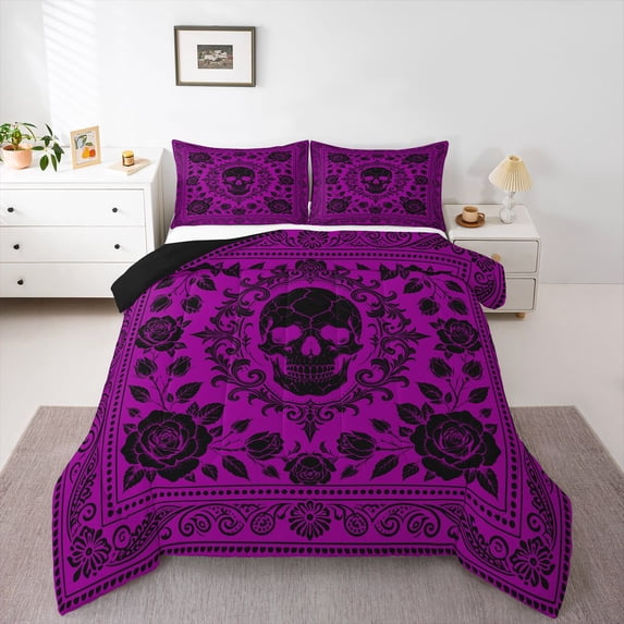 Homewish Spooky Halloween Skull Queen Comforter Set,Boho Damask Floral Comforter Sets Queen,Hot Purple,Black Reversible,3pcs,1 Comforter and 2 Pillowcases
