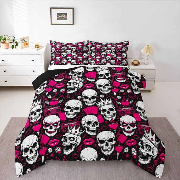 Homewish Spooky Halloween Skull Queen Comforter Set,Crown Heart Comforter Sets Queen,Pink White,Black Reversible,3-Piece,1 Comforter and 2 Pillowcases