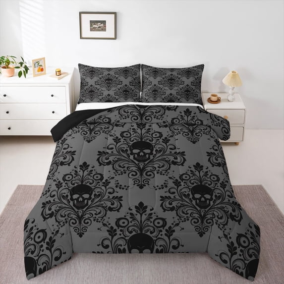 Homewish Spooky Halloween Skull Queen Comforter Set,Gray Black Damask Comforter Sets Queen,Black Reversible,3-Piece,1 Comforter and 2 Pillowcases