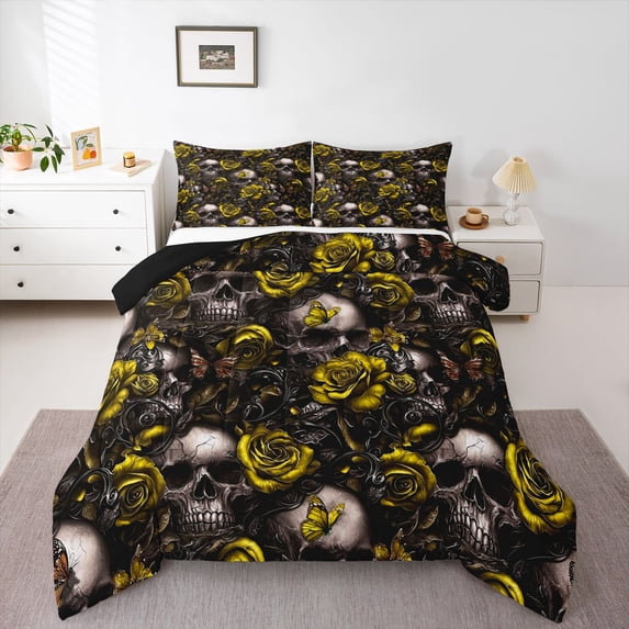 Homewish Spooky Halloween Skull Queen Comforter Set,Rustic Plant Flower Comforter Sets Queen,Black Reversible,3-Piece,1 Comforter and 2 Pillowcases