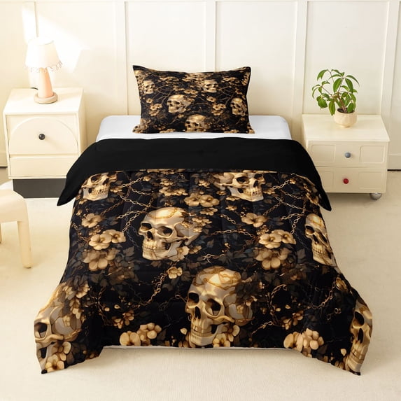 Homewish Spooky Halloween Skull Twin Comforter Sets,Baroque Goth Floral Bedding Set,Golden,Black Reversible,2-Piece,1 Comforter and 1 Pillowcase