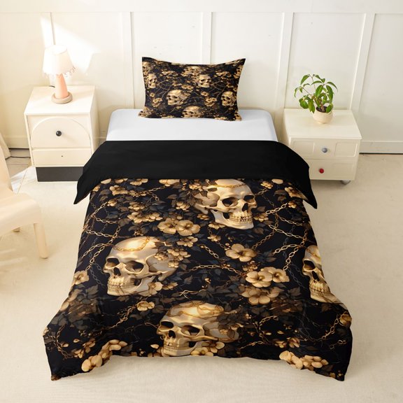 Homewish Spooky Halloween Skull Twin Duvet Cover,Baroque Goth Floral Twin Bedding,Golden,Black Reversible,2-Piece,1 Duvet Cover and 1 Pillowcase