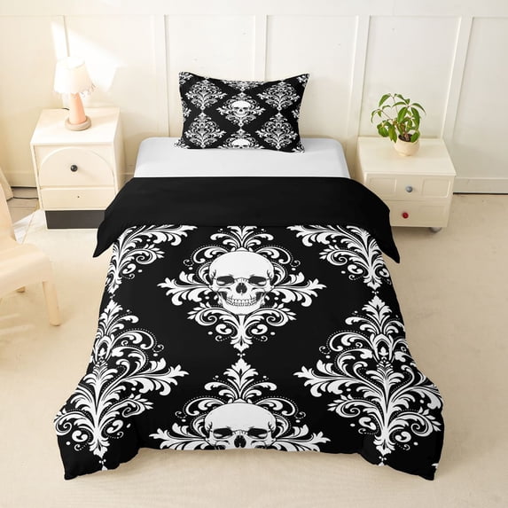 Homewish Spooky Halloween Skull Twin Duvet Cover,Retro Damask Twin Bedding,Black White,Black Reversible,2pcs,1 Duvet Cover and 1 Pillowcase