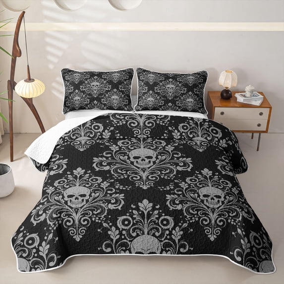 Homewish Spooky Halloween Skull Twin Quilt Set,Barque Damask Twin Coverlet Set,Black Gray,2-Piece