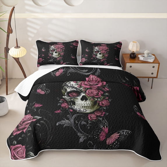 Homewish Spooky Halloween Skull Twin Quilt Set,Pink Rose Floral Butterfly Twin Coverlet Set,2pcs