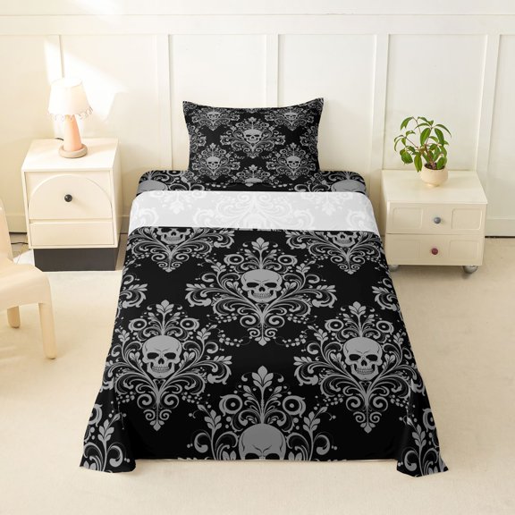 Homewish Spooky Halloween Skull Twin Sheets,Barque Damask Bedding,Black Gray,3-Piece,1 Fitted Sheet and 1 Pillowcase