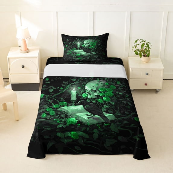 Homewish Spooky Halloween Skull Twin Sheets,Green Rose Floral Bedding,3pcs,1 Fitted Sheet and 1 Pillowcase
