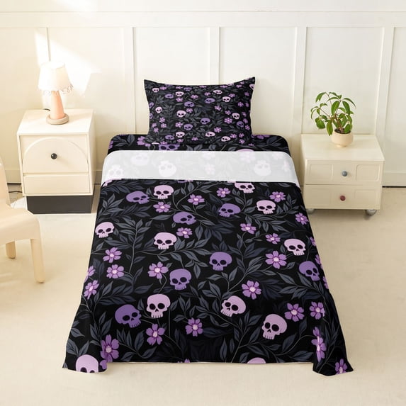 Homewish Spooky Halloween Skull Twin Sheets,Purple Floral Plants Bedding,3-Piece,1 Fitted Sheet and 1 Pillowcase