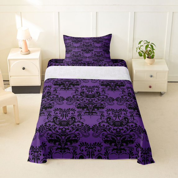 Homewish Spooky Halloween Skull Twin Sheets,Victorian Damask Bedding,Purple Black,3-Piece,1 Fitted Sheet and 1 Pillowcase