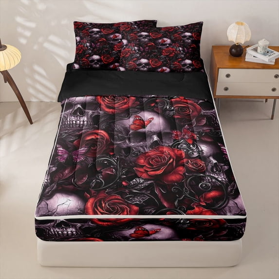 Homewish Spooky Halloween Skull Zipper Queen Comforter Set with Fitted Sheet and 2 Pillowcases,Red Rose Floral Zipper Bedding Set,Black Reversible,4pcs