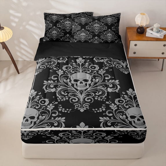 Homewish Spooky Halloween Skull Zipper Twin Comforter Sets with Fitted Sheet and 2 Pillowcases,Barque Damask Zipper Bedding Set,Black Gray,Black Reversible,4pcs