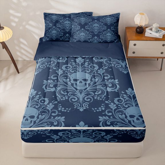 Homewish Spooky Halloween Skull Zipper Twin Comforter Sets with Fitted Sheet and 2 Pillowcases,Navy Damask Pattern Zipper Bedding Set,Navy Blue Reversible,4pcs