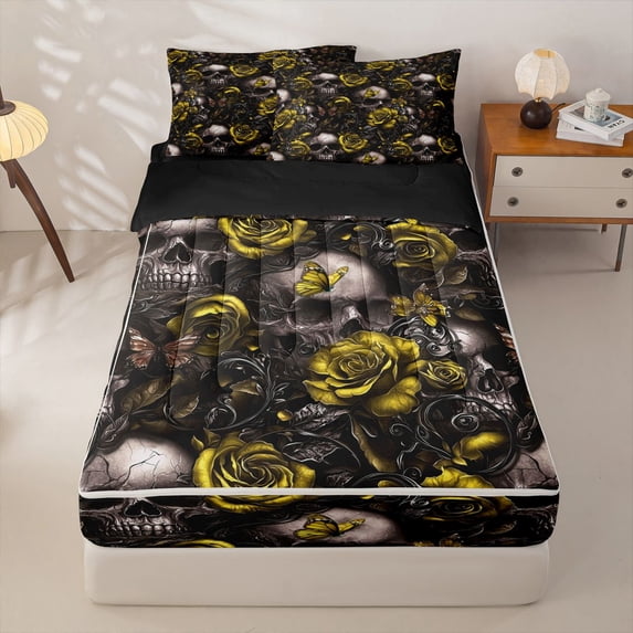 Homewish Spooky Halloween Skull Zipper Twin Comforter Sets with Fitted Sheet and 2 Pillowcases,Rustic Plant Flower Zipper Bedding Set,Black Reversible,4pcs