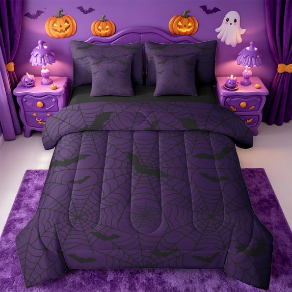 Homewish Spooky Halloween Spider Web 7 Pieces Full Size Bedding Sets,Flying Bat Pattern Full Size Bed in a Bag,Purple Black,Black Reversible