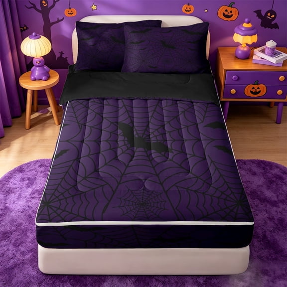 Homewish Spooky Halloween Spider Web Zipper Twin Comforter Sets with Fitted Sheet and 2 Pillowcases,Flying Bat Pattern Zipper Bedding Set,Purple Black,Black Reversible,4-Piece