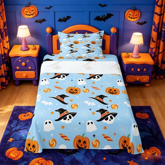 Homewish Spooky Halloween Twin Sheets,Witch Hat Skull Pumpkin Candy Spider Pattern Bedding,Baby Blue,3-Piece,1 Fitted Sheet and 1 Pillowcase