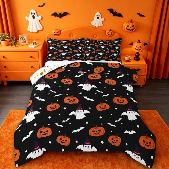Homewish Spooky Halloween Witch Ghost Queen Comforter Set,Pumpkin Bat Stars Pattern Comforter Sets Queen,Black Orange,Halloween Reversible,3pcs,1 Comforter and 2 Pillowcases