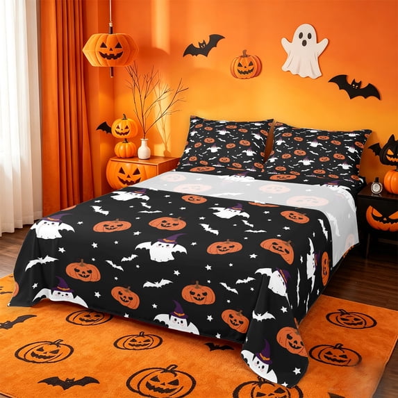 Homewish Spooky Halloween Witch Ghost Queen Sheets,Pumpkin Bat Stars Pattern Queen Sheet Sets,Black Orange,4pcs,1 Flat Sheet,1 Fitted Sheet and 2 Pillowcases