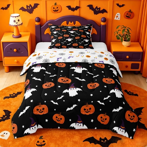 Homewish Spooky Halloween Witch Ghost Twin Comforter Sets,Pumpkin Bat Stars Pattern Bedding Set,Black Orange,Halloween Reversible,2-Piece,1 Comforter and 1 Pillowcase