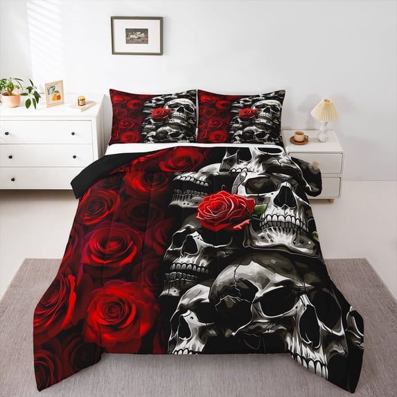 Homewish Spooky Horror Skull Queen Comforter Set,Red Rose Floral Comforter Sets Queen,Halloween Duvet,Black Reversible,3-Piece,1 Comforter and 2 Pillowcases