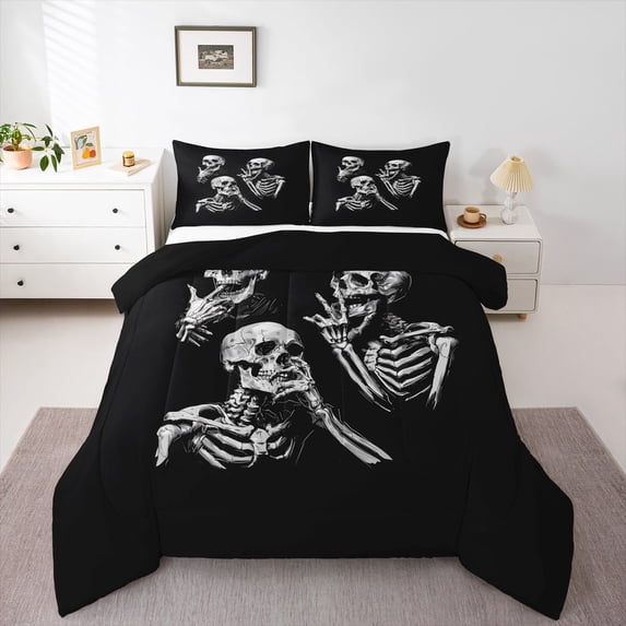Homewish Spooky Horror Skull Queen Comforter Set,Skeleton Halloween Comforter Sets Queen,Black White,Black Reversible,3pcs,1 Comforter and 2 Pillowcases