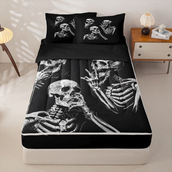 Homewish Spooky Horror Skull Zipper Twin Comforter Sets with Fitted Sheet and 2 Pillowcases,Skeleton Halloween Zipper Bedding Set,Black White,Black Reversible,4pcs