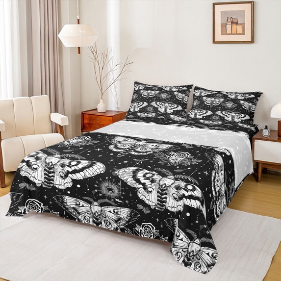 Homewish Spooky Moth Bed Sheets,Floral Skull Full Size Sheets,Gray Black,Halloween Bed Set,4pcs,1 Flat Sheet, 1 Fitted Sheet and 2 Pillowcases