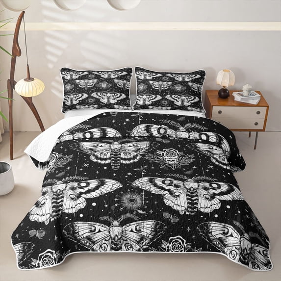 Homewish Spooky Moth Twin Quilt Set,Floral Skull Twin Coverlet Set,Gray Black,2-Piece