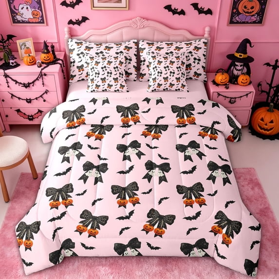 Homewish Spooky Pumpkin Ghost Twin Bedding, Cute Coquette Halloween Bow Bedding Comforter Set, Pink Reversible, 7 Pieces
