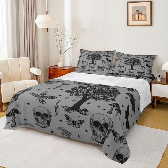 Homewish Spooky Skeleton Full Size Sheets,Rustic Fungus Mushroom Bed Sheets,Gray Black Sheet Sets For Girl Teens,Microfiber Bedroom Decor,4-Piece