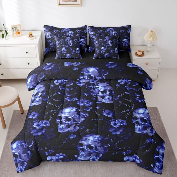 Homewish Spooky Skull 7-Piece King Bedding,Navy Floral King Bed in a Bag,Halloween Bed Set,Black Reversible