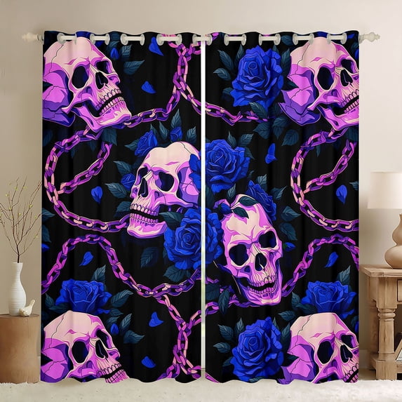 Homewish Spooky Skull Blackout Curtains Set of 2 (52x84 Each) For Adults Teens,Blue Flowers Curtain,Halloween Living Room Curtains