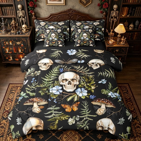 Homewish Spooky Skull Butterfly Full Size Bedding Sets for Kids, Rustic Mushroom Botanical Full Size Bed in a Bag, Black Reversible, 7 Pieces