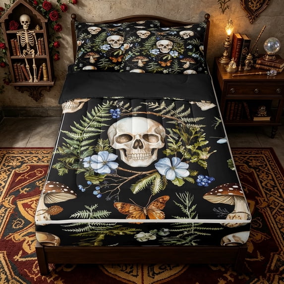 Homewish Spooky Skull Butterfly Zipper Full Size Comforter Sets with Fitted Sheet and 2 Pillowcases for Kids, Rustic Mushroom Botanical Zipper Bedding Set, Black Reversible, 4 Pieces