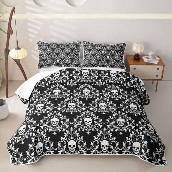 Homewish Spooky Skull Damask Quilt King,Skeleton Halloween King Coverlet Set,Black White,3pcs