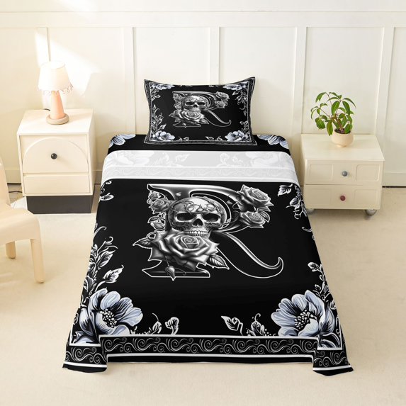 Homewish Spooky Skull Monogrammed R Twin Sheets,Happy Halloween Floral Bedding,3-Piece,1 Fitted Sheet and 1 Pillowcase